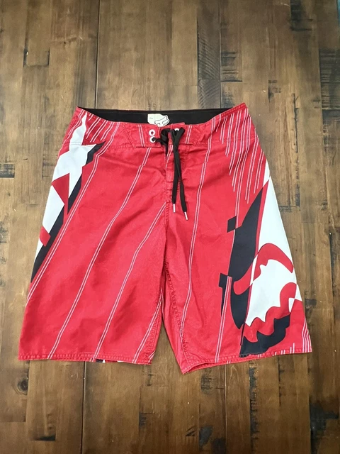 Fox Racing Red Board Shorts Swimming Trunks Logo Pockets Mens 32 Inseam 10”