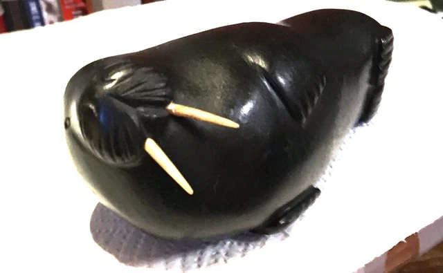 Genuine Walrus Inuit carved soapstone sculpture signed  Thomassie Tuki  Inukjuak