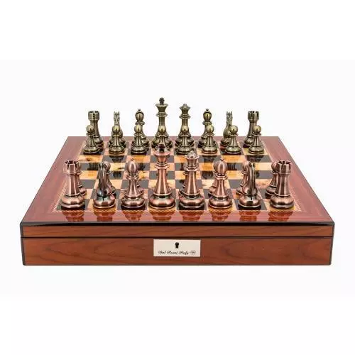 Dal Rossi Italy Chess Set Copper & Bronze Shiny Walnut Finish Box 50 Cm