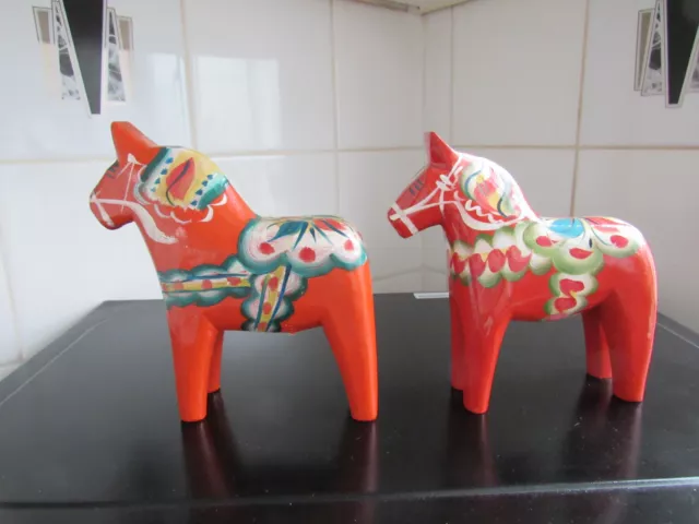 Swedish Vintage Dala Horse X2 ..Orange & Red By Nils Olsson.. Labels 5" & 5 1/4"