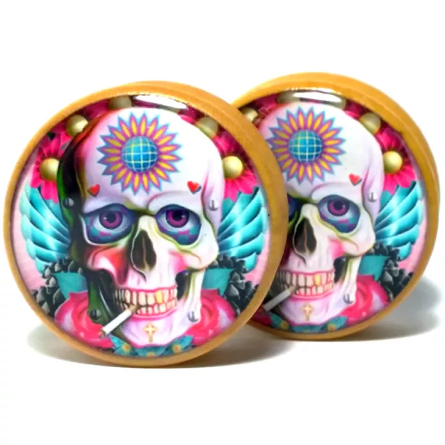 Pair of Wood Handmade Ear Plugs - Organic Gauges Flesh Tunnels - Smoking Skull