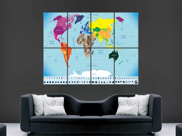 Map Of The World Map Poster Print Giant Wall Art Cities Countries Geography