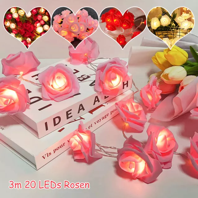 20 LED Lichterkette Rosen Blüten Innen Weihnachten Hochzeit Schlafzimmer Deko DE