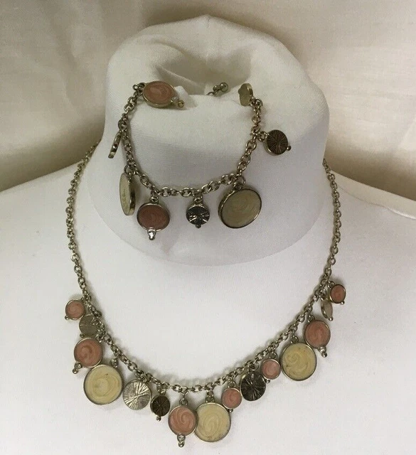 Necklace Bracelet set Gold tone enamel disc Holiday festival wear