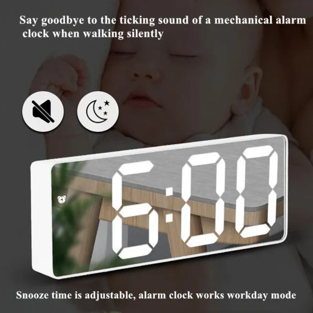 Elegant LED Digital Clock Mirror Display Snooze Alarm Time Table Decor