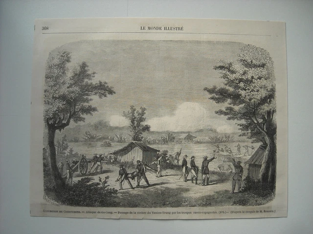 Gravure 1863. Exp Cochinchine. Attaque De Go Cong. Passage Riviere. Tanien-Trunk