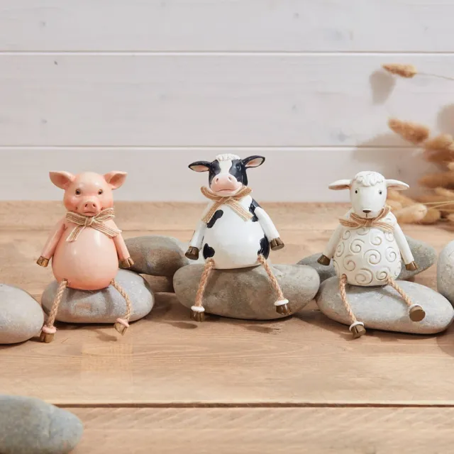 Farm Animal Shelf Sitter x 3, Pig, Cow, Sheep, Resin Ornament With String Legs