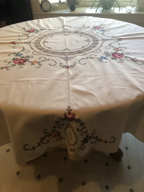 Linen Ecru tablecloth with Crochet and Cross-stitch Embellishments 63” Round