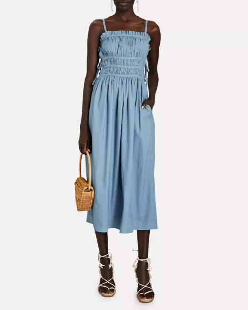 Cult Gaia Lola Linen Blend Sleeveless Smocked Chambray Midi Dress Womens S Steel