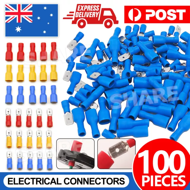 100Pcs Terminal Electrical Wire Connector Kit Assorted Insulated Crimp Spade Set