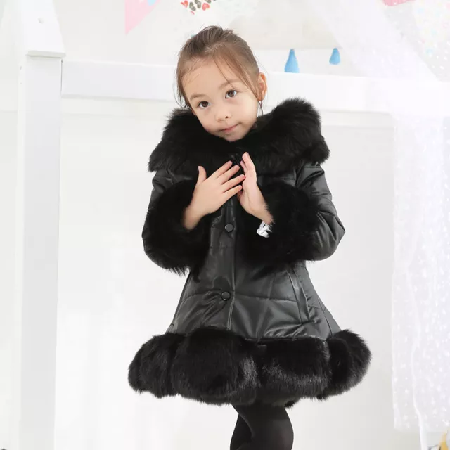 Girls Child Kids Quilted Winter Coat Jacket Puffer Fur Hooded Long Parka Coat 3