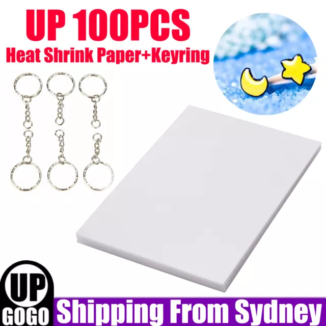 10x Heat Shrink Paper Film Sheets + 100x Keyring w Chain for DIY Pendants Making