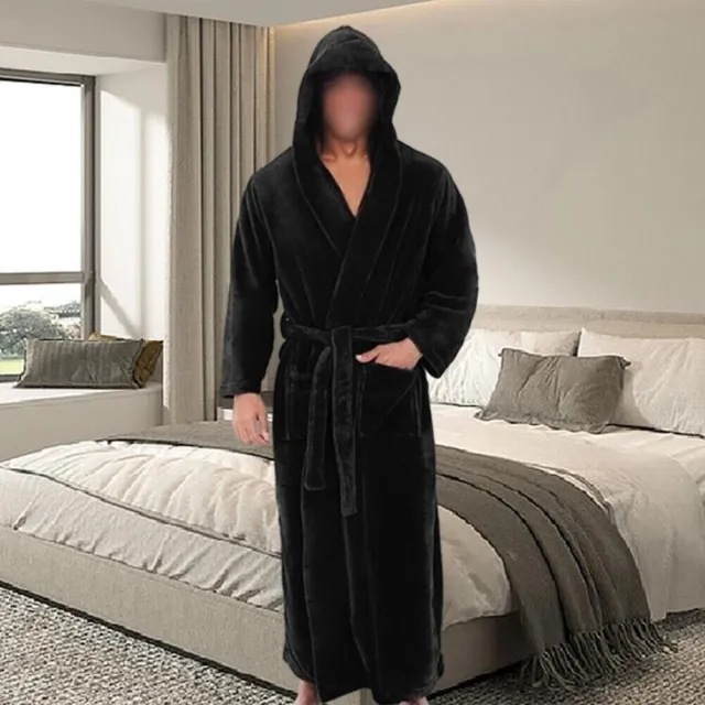 Men's Hooded Bathrobe Terry Cotton Robe Shawl Collar Bathrobe Night-Gown Pajamas