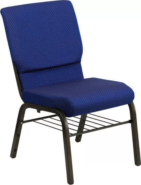 10 PACK 18.5'' Wide Navy Blue Fabric Church Chair with Book Rack & Gold Frame