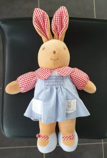 Peluche Doudou Lapin Takinou Beige Robe Bleue Vichy Rouge Et Blanc