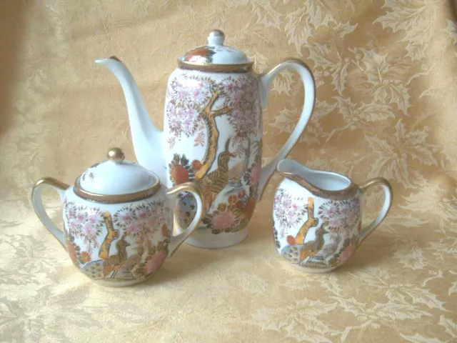 Vinage Andrea by Sadek Japan Teapot and Sugar Creamer Set Birds Tree Gold Trim