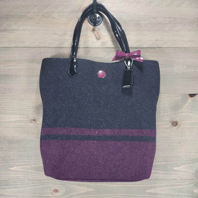 Coach Hanfbag Charcoal Berry Purple Stripe Wool N/S Tote Bag 24665