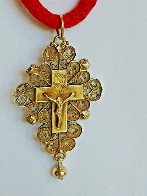 Croix Ancienne En Or 750/18 Carats - Bijou Vintage Avec Pierres Vertes, Marque Tête D'Aigle