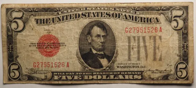 1928 **C** 5 Dollar United States Note  **Red Seal** - Free Shipping! #0358