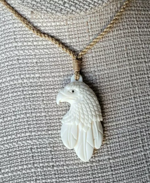 Hawaiian Buffalo Bone 2" Eagle Feather Pendant Adjustable Necklace Choker