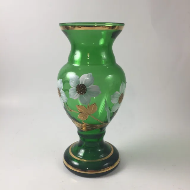 Vintage Green Czech Bohemian Glass Vase with Gilt Overlay Handpainted Flowers Le