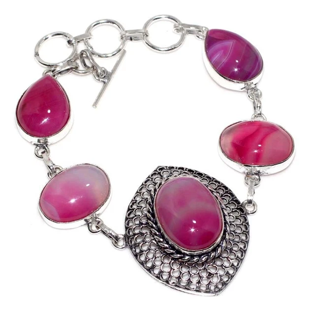 925 Silver Plated-Botswana Agate Ethnic Gemstone Bracelet Jewelry 8.5" JW