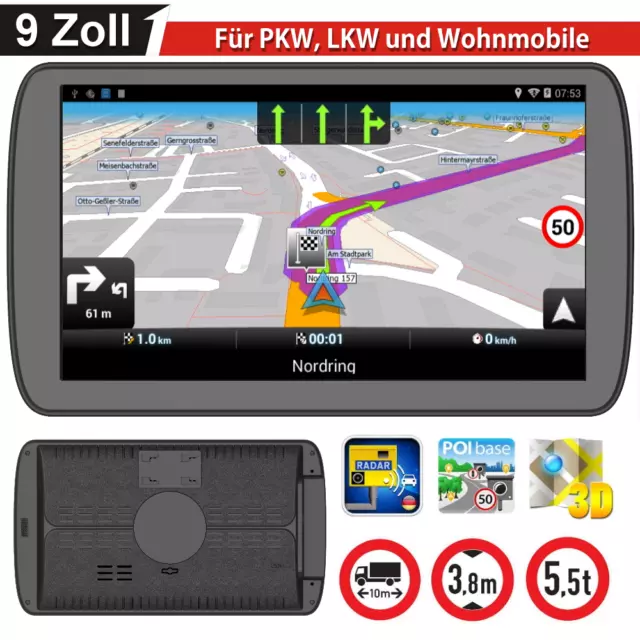 9 Zoll Navigationsgerät LKW PKW WOHNMOBILE BUS Navigation POI Blitzer Radar Navi