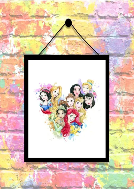 BUY 2 GET 1 FREE Disney Princess Heart Watercolour Print Poster  A4
