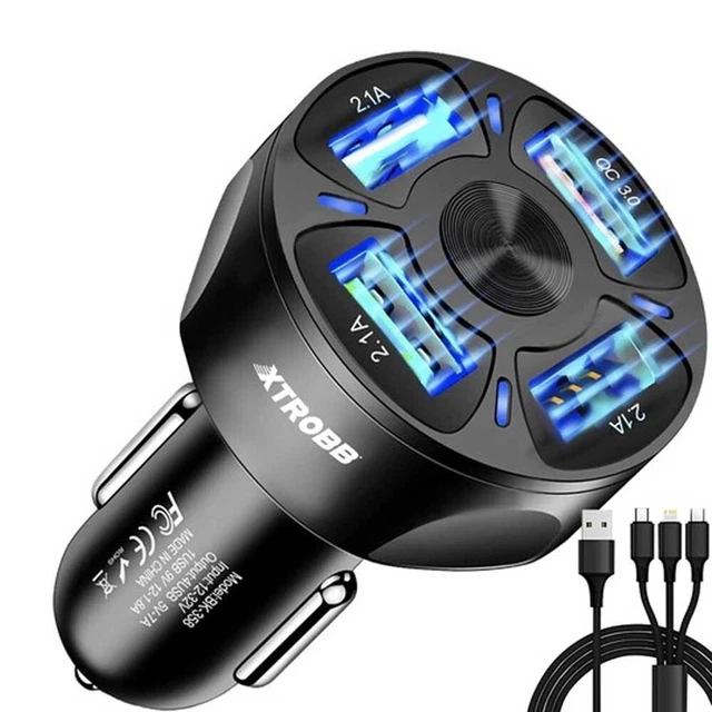 Chargeur de Voiture USB 4 Ports QC 3.0 Charge Rapide 3A + Cable 3 en 1 PVC