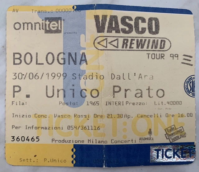 BIGLIETTO CONCERTO VASCO ROSSI REWIND TOUR 1999 Bologna - USATO