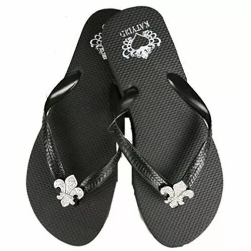 Katydid Black Flip Flops Fleur de Lis (Small 5/6) Rhinestones Bling Sandals NEW