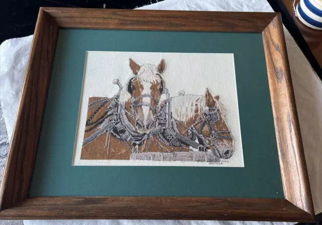 Vintage NEEDLEPOINT WALL ART Working Horses framed wall art Signed 19” X 22” X2”