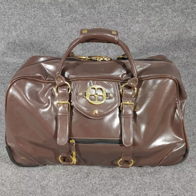 IMAN Brown Patent Leather Rolling Travel Duffle Bag w/ Extendable Handle