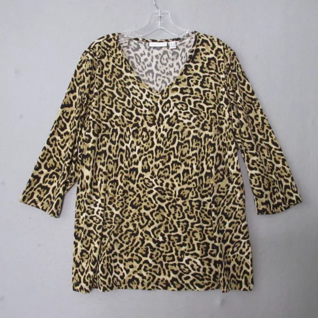 Susan Graver Top Blouse Women Plus 1X Leopard Animal Print Liquid Knit 3/4 Slv