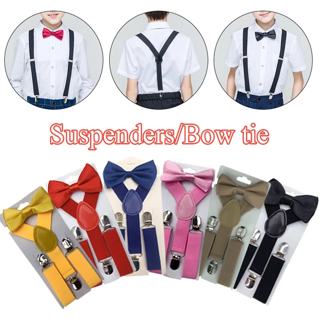 Bambini Solido Colore Cinturino Clip AMD Fiocco Cravatta Set Bretelle Suit Noz -