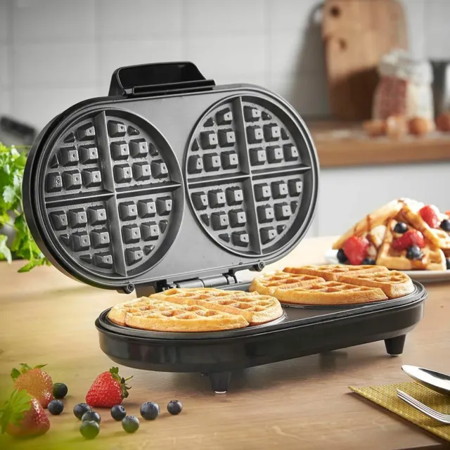 Preowned Dual Round Waffle Maker Iron Compact Design Non-stick Homemade