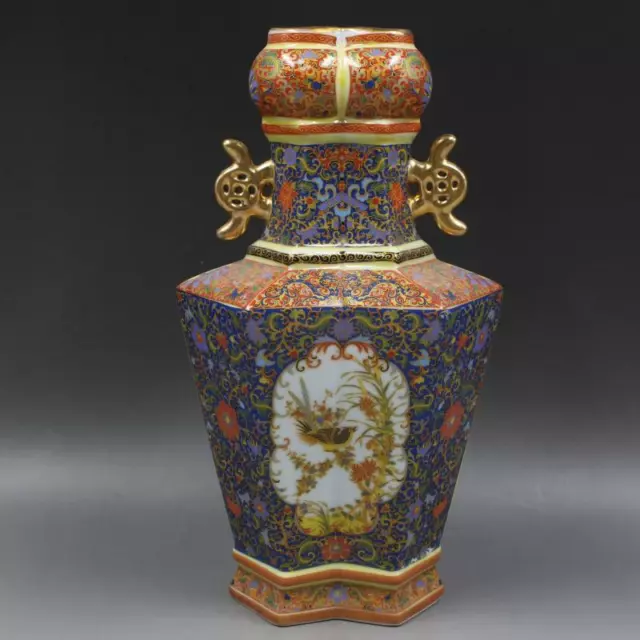10.8 inch Chinese Colour Enamel Porcelain Qing Yongzheng Flower Bird Design Vase 2