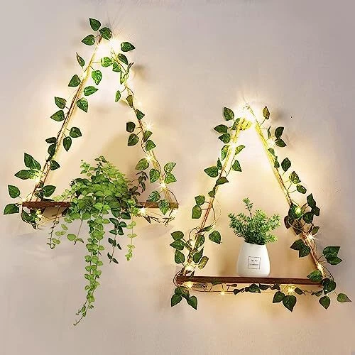 Hanging Shelves 2 Sets for Boho Wall Decor,Artificial Ivy LED-Strip Floating