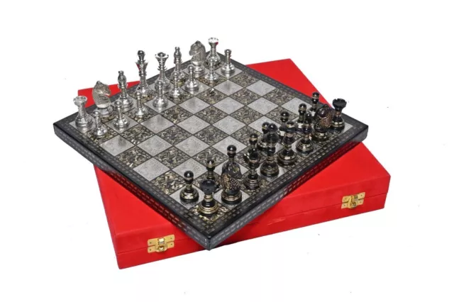 12" Solid Brass Metal Chess Set Pieces & Board with velvet storage box