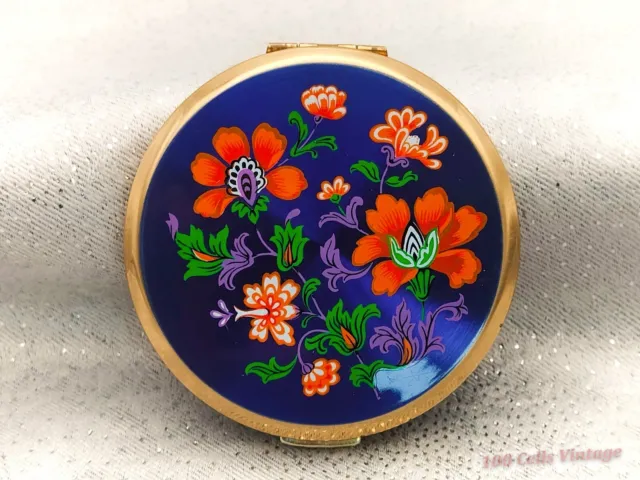 Stratton Metallic Red and Blue Floral Pattern Vintage Ladies Powder Compact-7cm