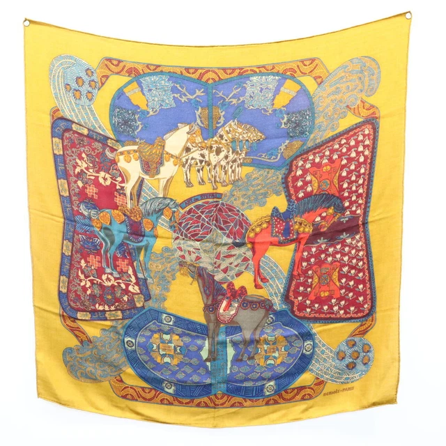 Hermes Carre 90 silk 100% scarf ART DES STEPPES yellow multi color Ladies used