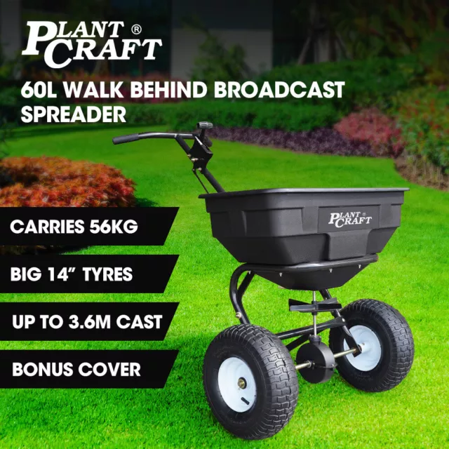 PLANTCRAFT Walk Behind Spreader Broadcast 60L Seed Fertiliser Lawn Soil Push