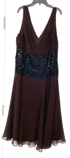 🤎 TADASHI Collection Brown Black Beaded Embellished Lace Silk Dress 14Q 14W 1X