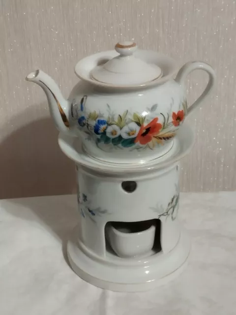 Théière, tisanière, veilleuse ancienne en porcelaine -décor de fleurs des champs