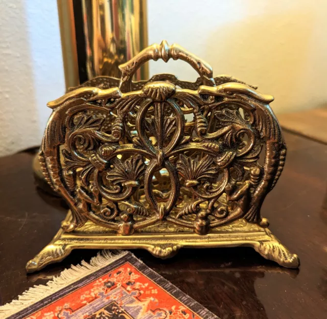 Vintage Large Ornate Brass Solid Metal Napkin Letter Holder - Footed 5"X5.5" 3