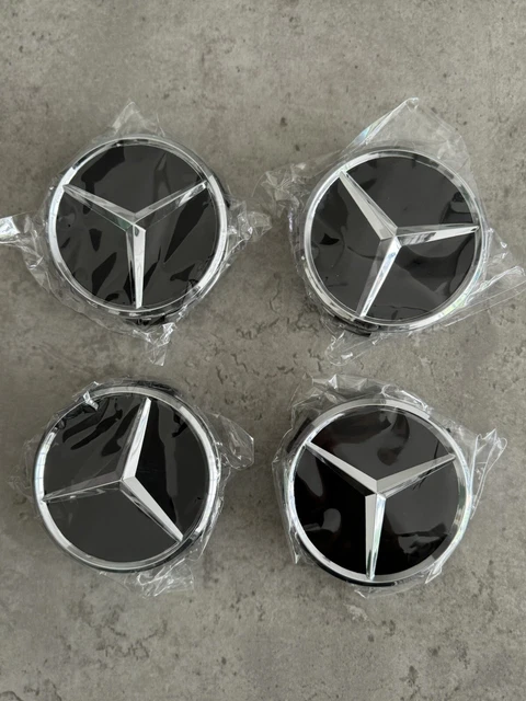 4x Black Alloy Wheel Centre Hub Caps For Mercedes - 75mm, Glossy Finish, Fits A/B/C/E/S/ML/CLA/GLA
