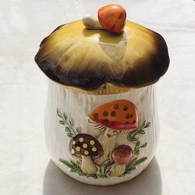 VTG Merry Mushroom Ceramic Flour Canister Jar w Lid Sears Roebuck 70s LARGE 11”