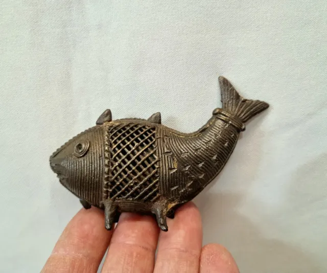 Vintage Indian cast bronze dhokra fish figurine using lost wax casting technique 3