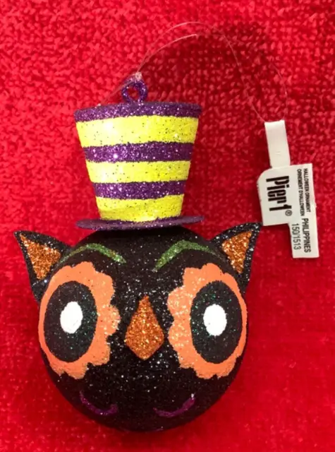 Pier 1 Imports Halloween 2.75" Black Glitter Owl Hat Ornament Orange Purple NWT