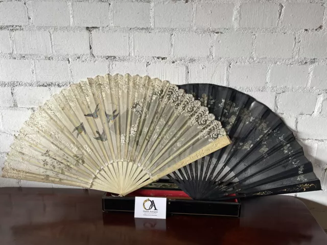 Beautiful Pair of 19th Century Hand Decorated Fans in Black Lacquered Box